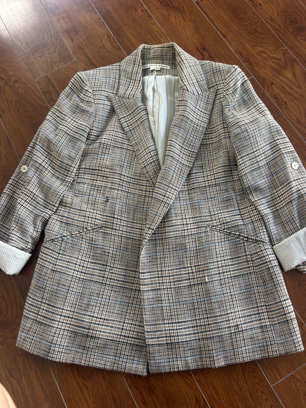 Veronica Beard Plaid Wool-Blend Blazer in Taupe and Blue